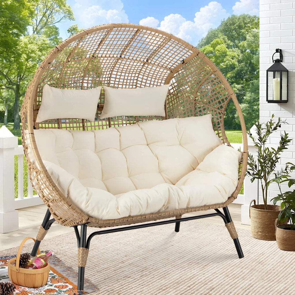 2026 NewRADIATA Double Egg Chair for 2 Person, Oversized Wicker Loveseat with Thick Cushions, 680 lbs Capacity, Indoor Outdoor Stationary Patio Lounge Chair for Balcony, Garden, Beige
