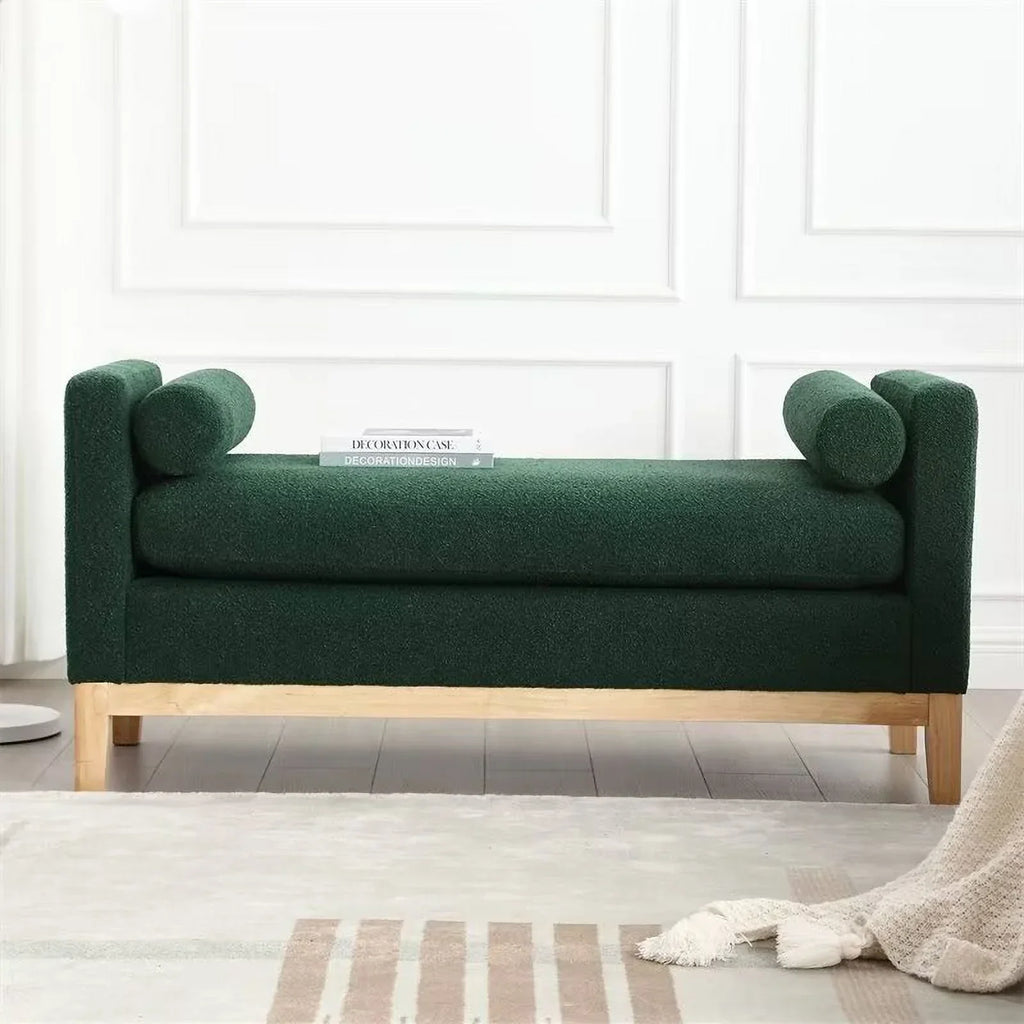 2026 NewEnd of Bed Bench, 53.5" Boucle Fabric Upholstered Entryway Bench with Wood Legs & Bolster Pillows, Rolled Arm Cushioned Ottoman Foot Rest Long Stool Window Extra Seating for Bedroom, Ivory