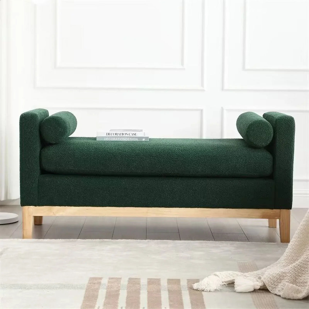 2026 NewEnd of Bed Bench, 53.5" Boucle Fabric Upholstered Entryway Bench with Wood Legs & Bolster Pillows, Rolled Arm Cushioned Ottoman Foot Rest Long Stool Window Extra Seating for Bedroom, Ivory