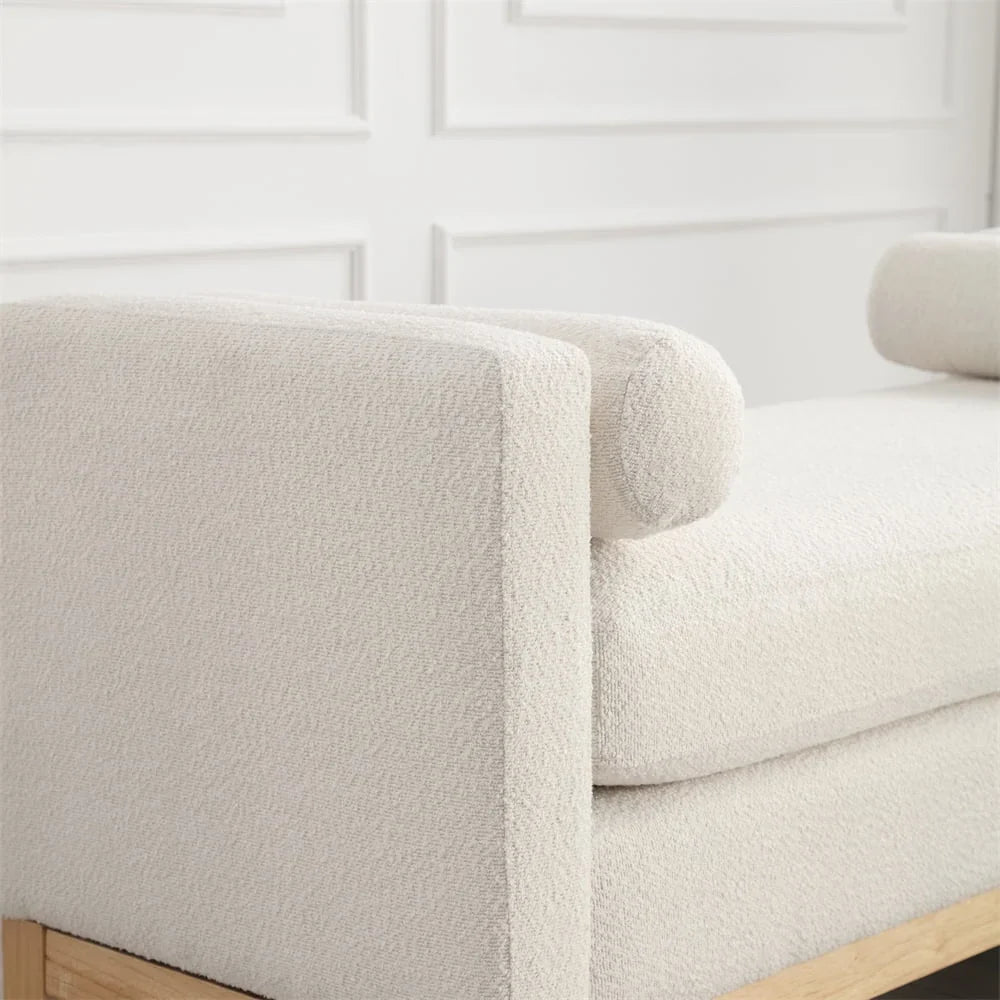2026 New53.5"W Elegant Upholstered Bench with Wood Legs & Round Pillows,Comfy Boucle Fabric Footrest with Arms, Entryway Bench for End of Bed, Bedroom and Living Room, Ivory