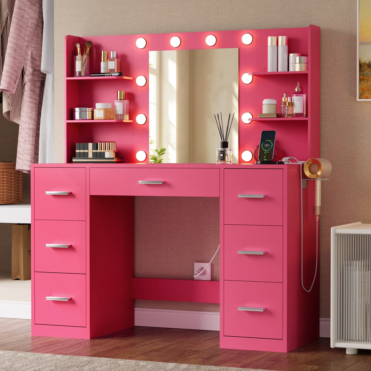 2026 NewLacoo Vanity Desk with Mirror and LED Lights, Makeup Vanity with 7 Drawers & 4 Shelves, Vanity Table with Power Outlet for Bedroom Dressing Room, White