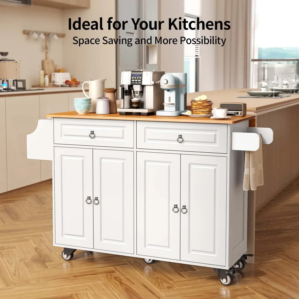 2026 NewLofka 52-Inch Kitchen Island with Storage on Wheels with Wood Drop Leaf, Ideal for Small Kitchens