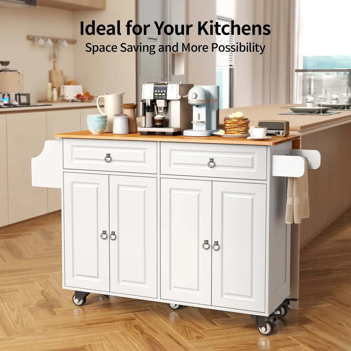 2026 NewLofka 52-Inch Kitchen Island with Storage on Wheels with Wood Drop Leaf, Ideal for Small Kitchens