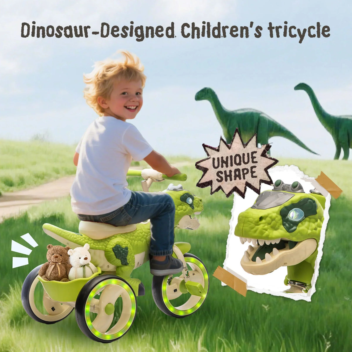 2026 NewXuanlur Kids Ride on Dinosaur Tricycle, Toddlers Kid Trike with Wide Flash Wheels, Anti-Slip Pedals, Rear Basket, Music & LED Lights, Toddler Bike Toys Gift for 3-6 Year Old Boys & Girls (Green)