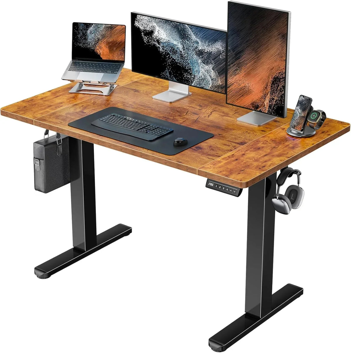 2026 NewUANUO 48 x 24 inch Electric Standing Desk, Height Adjustable Table with Headphone Hooks & Cable Manager, Sit to Stand up Desk for Home Office, Vintage Brown