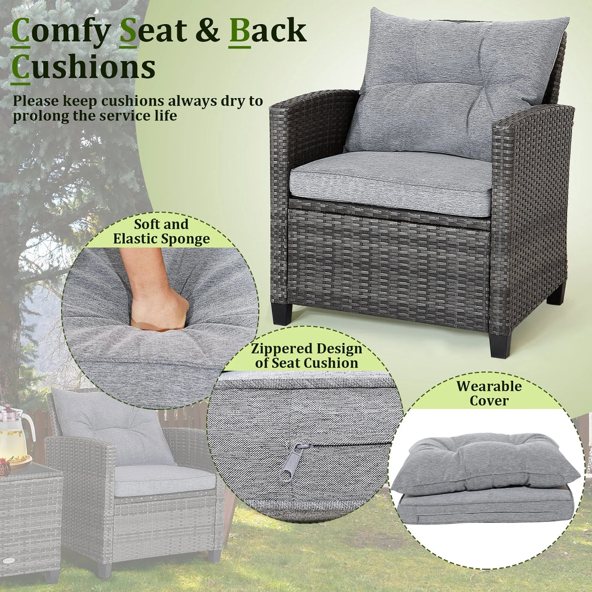 2026 NewGymax 3PCS Patio Rattan Sofa Set Outdoor Wicker Conversation Set Glass Tabletop w/ Grey Cushion