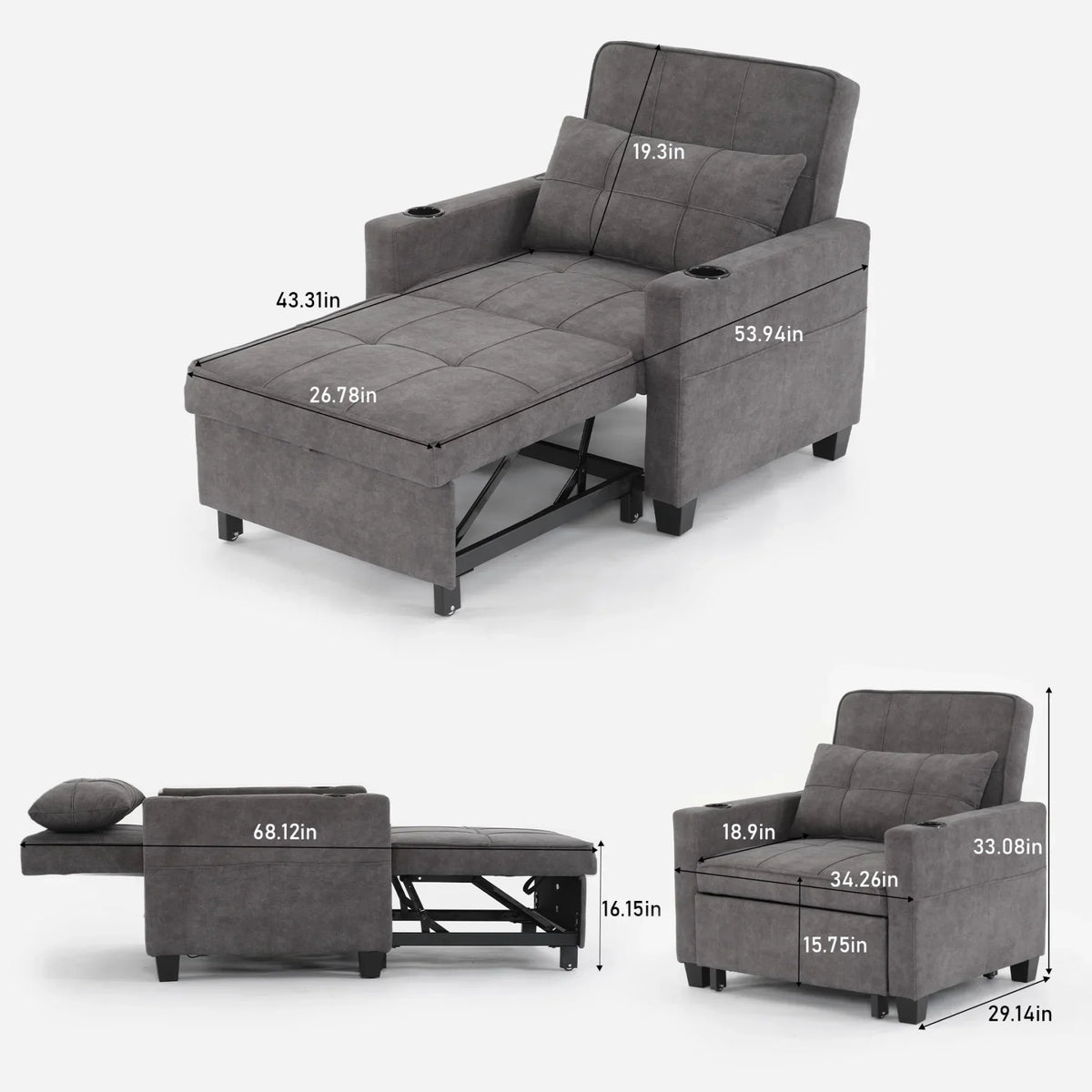 2026 NewConvertible Futon Sofa Bed, 3-in-1 Multi-Functional Sleeper Chair Bed with USB Ports, Adjustable Backrest Recliner,for Living Room Bedroom Small Space, Tech Cloth, Dark Grey