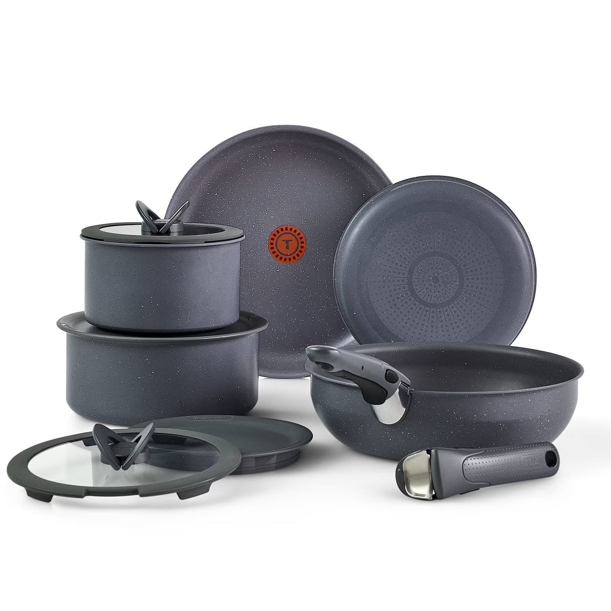 2026 NewT-fal Ingenio Essentials Nonstick, 11 Piece Cookware Set, Detachable Handle, Oven, Broiler, Dishwasher Safe, RV, Grey Granite
