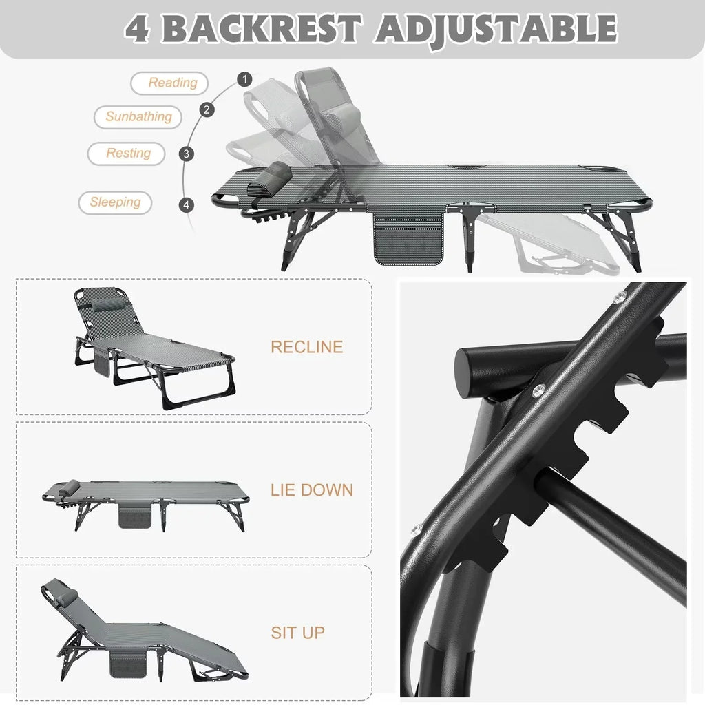 2026 NewMOPHOTO Lounge Chair with Mattress, Outdoor Chaise Lounge Support 440 Lbs, Adjustable Portable Heavy Duty Sleeping Cots Bed for Camping, Pool, Beach, Patio