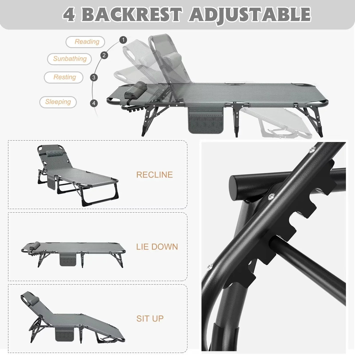 2026 NewMOPHOTO Lounge Chair with Mattress, Outdoor Chaise Lounge Support 440 Lbs, Adjustable Portable Heavy Duty Sleeping Cots Bed for Camping, Pool, Beach, Patio