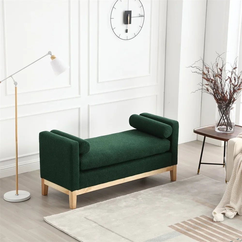 2026 New53.5"W Elegant Upholstered Bench with Wood Legs & Round Pillows,Comfy Boucle Fabric Footrest with Arms, Entryway Bench for End of Bed, Bedroom and Living Room, Ivory