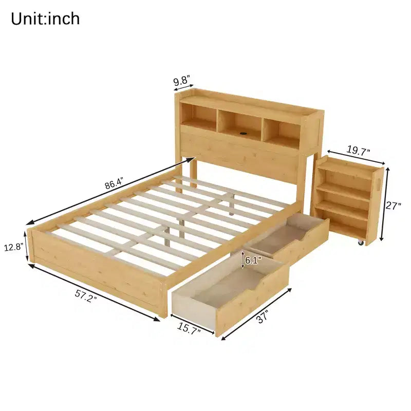 2026 Cama plataforma moderna de madera con cajones de almacenamiento y cabecero LED, natural/blanco, Twin/Full