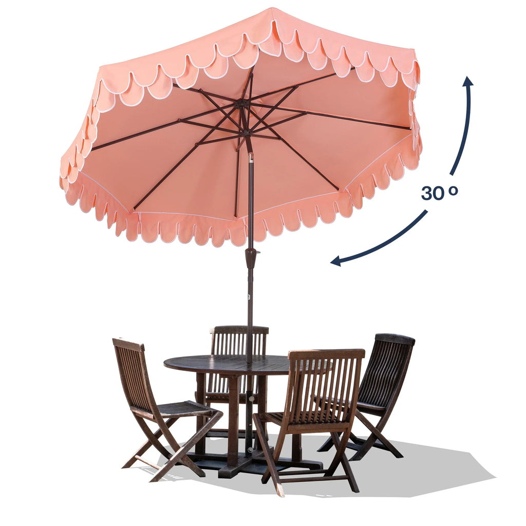 2026 NewJONATHAN Y Tracy 9 ft. Market Patio Umbrella, Classic Mid-Century Scalloped Fringe, with Auto-Tilt Crank, Wind Vent and UV Protection, Coral Pink/White, Dark Brown Pole