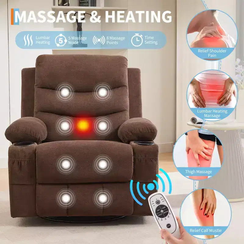 2026 Sillón reclinable mecedora giratorio 360° extragrande con masaje y calor, portavasos y bolsillos
