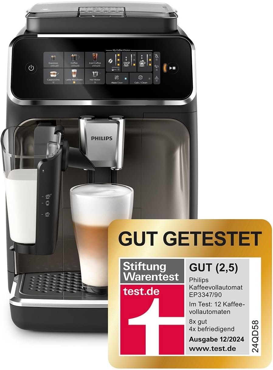2026 Cafetera automática Philips Serie 3300: 6 bebidas, pantalla táctil a color moderna, sistema de leche LatteGo, SilentBrew, molinillo 100% cerámico, filtro AquaClean. Acabado en cromo negro (EP3347/90).