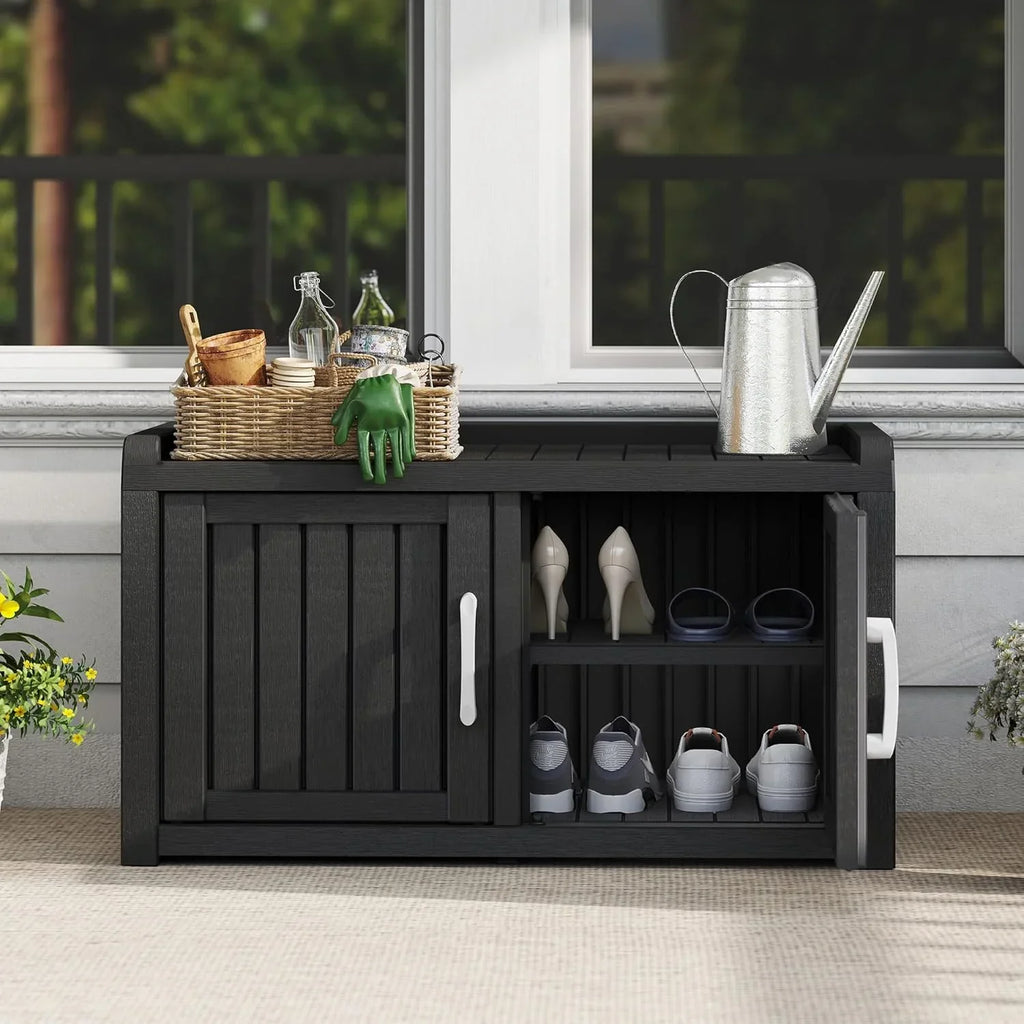 2026 NewKAMABOKO Outdoor Shoe Storage Cabinet, Waterproof UV-Resistant Entryway Storage Bench Indoor Outdoor with 2 Barn Doors, Adjustable Shelves for Entryway, Bedroom, Hallway,Living Room(Black)