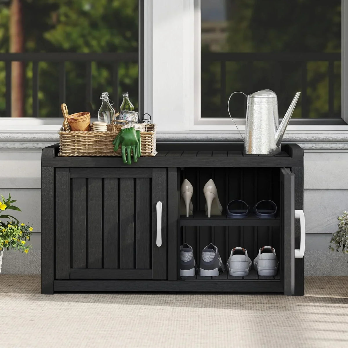 2026 NewKAMABOKO Outdoor Shoe Storage Cabinet, Waterproof UV-Resistant Entryway Storage Bench Indoor Outdoor with 2 Barn Doors, Adjustable Shelves for Entryway, Bedroom, Hallway,Living Room(Black)
