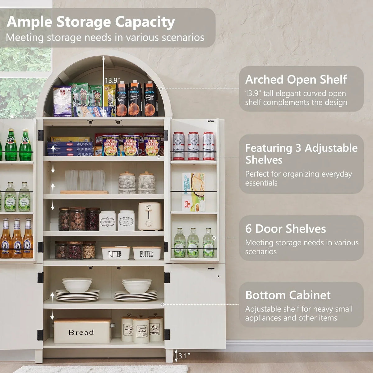 2026 NewIFGET 71" Tall Arched Kitchen Pantry Storage Cabinet, Large Storage Cabinet with Adjustable Shelves, Pantry Cabinet for Kitchen, Dining Room