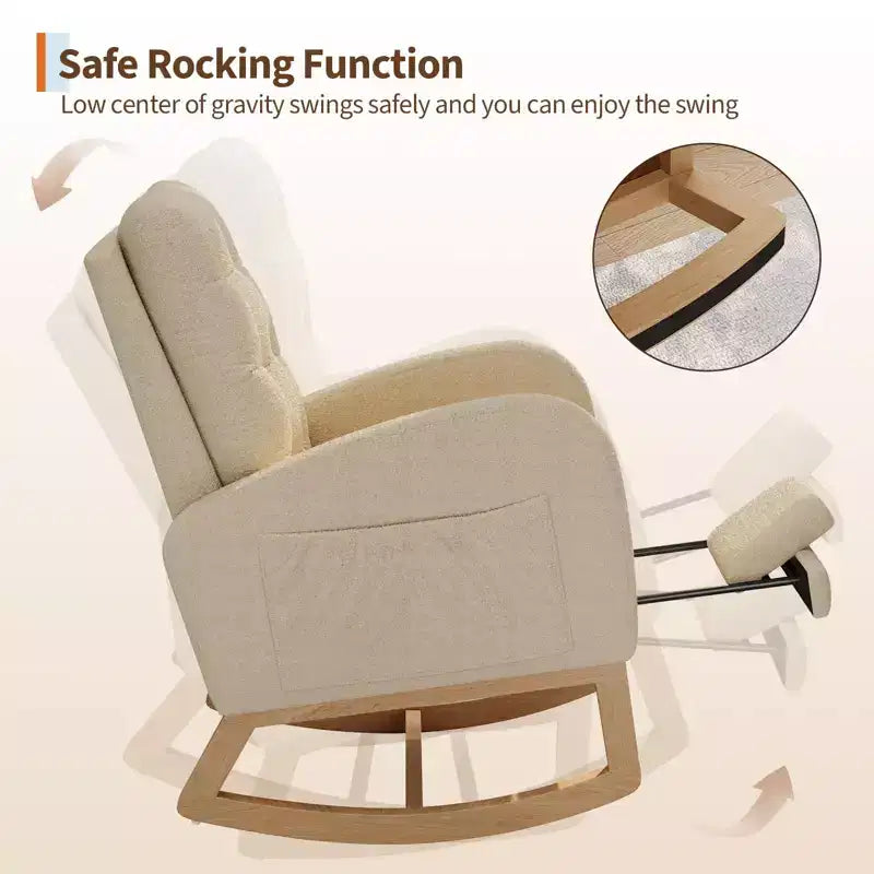 2026 Sillón mecedora deslizante tapizado con bolsillo lateral, estructura de madera, 1 plaza