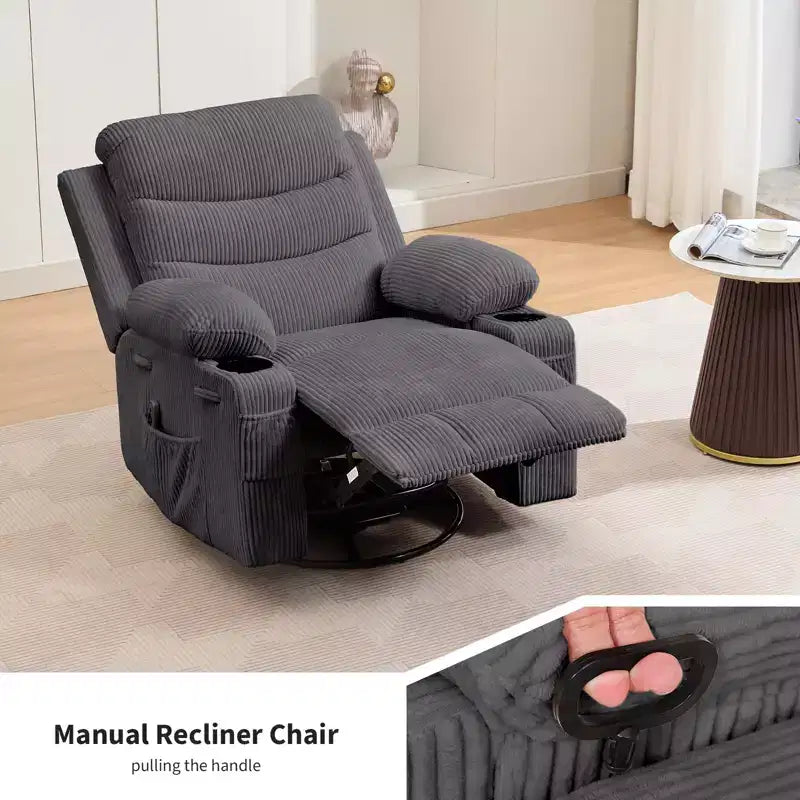 2026 Sillón reclinable mecedora giratorio 360° extragrande con masaje y calor, portavasos y bolsillos