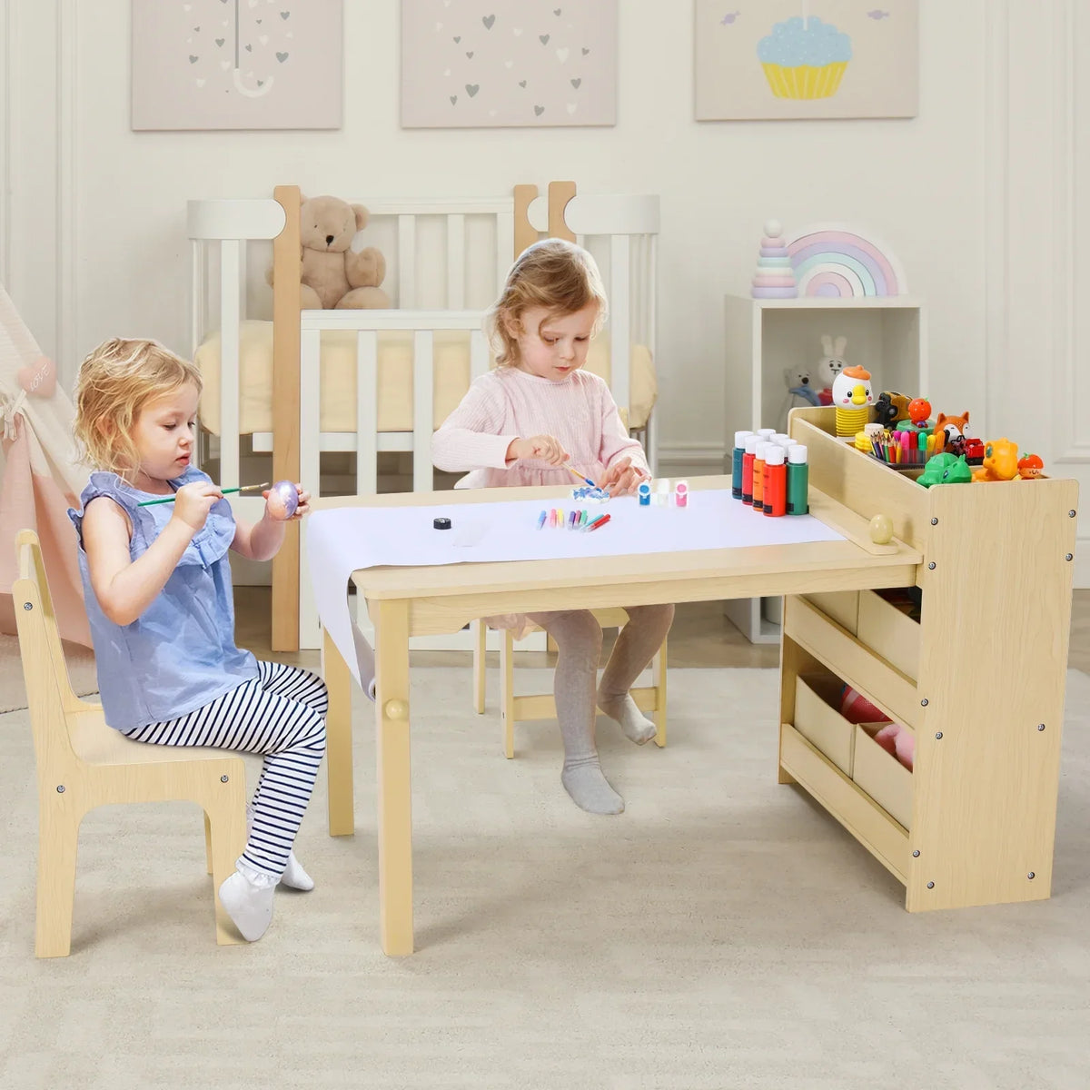 2026 NewPirecart Kids Art Table and 2 Chairs Toddler Craft Set Wooden Play Activity Drawing Table with 4 Storage Bins and Paper Roll