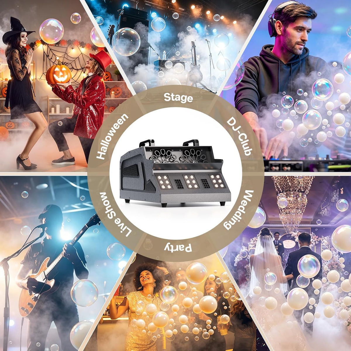 2026 Máquina de Burbujas de Humo de 1500W con Control Remoto, 18 LED RGB d-mx512 Compatible con Máquina de Niebla de Burbujas con Control Independiente para Bodas Escenarios Fiestas Halloween y Navidad