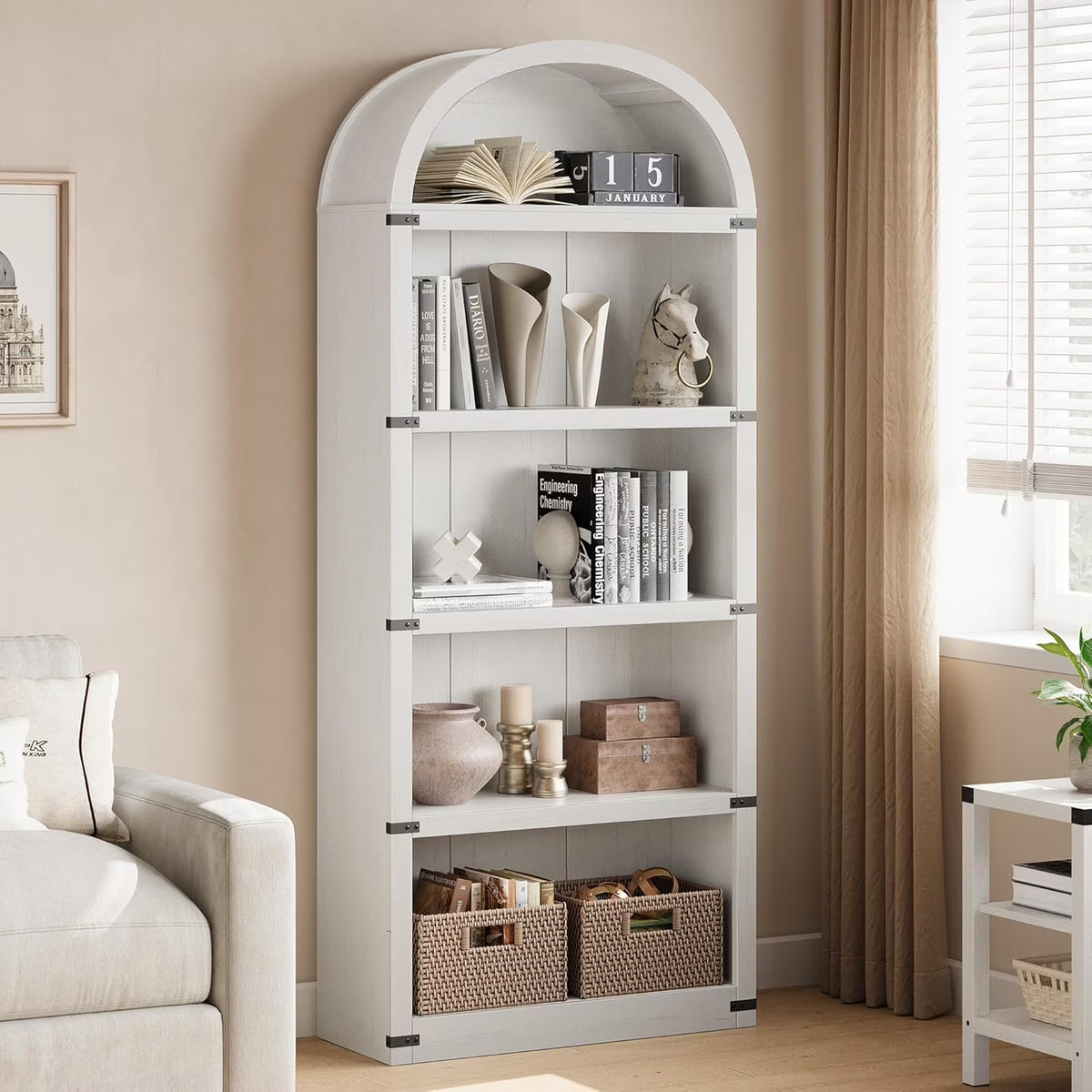 2026 NewBookcase 5 Shelf Arched Bookshelf 71.65in Tall Bookcase Farmhouse Display Storage Rack Wooden Bookshelves for Home Office, Living Room(white)