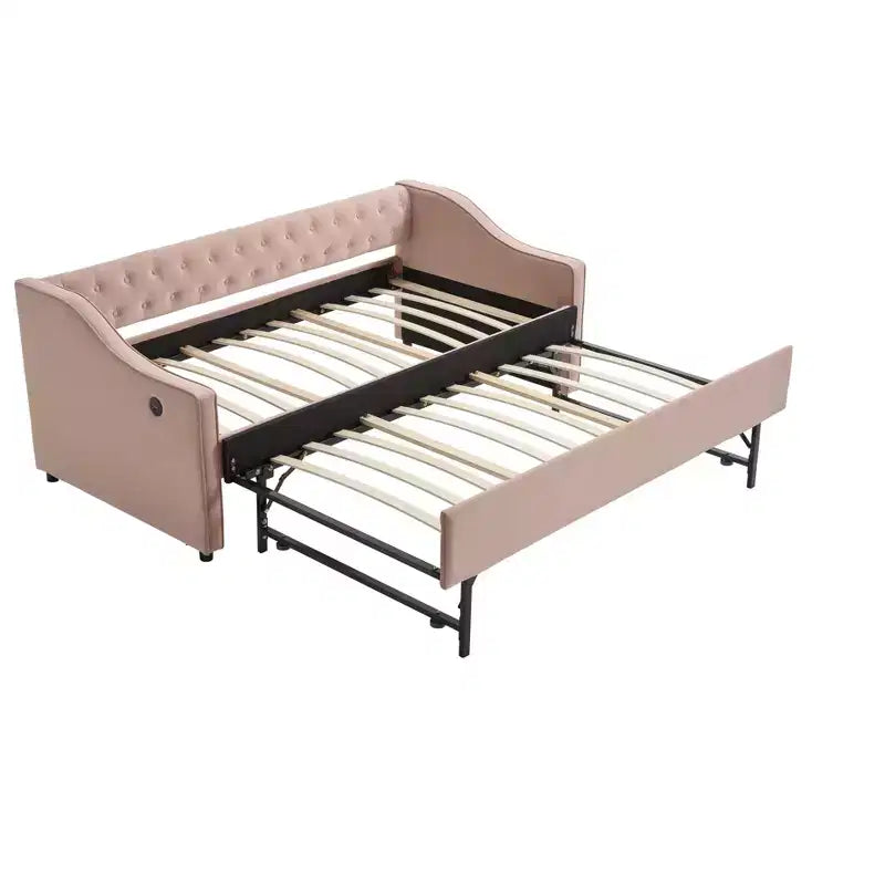 2026 Cama sofá Twin con cama nido, tapizada en terciopelo, puerto USB y bolsillos laterales - ModernLuxe