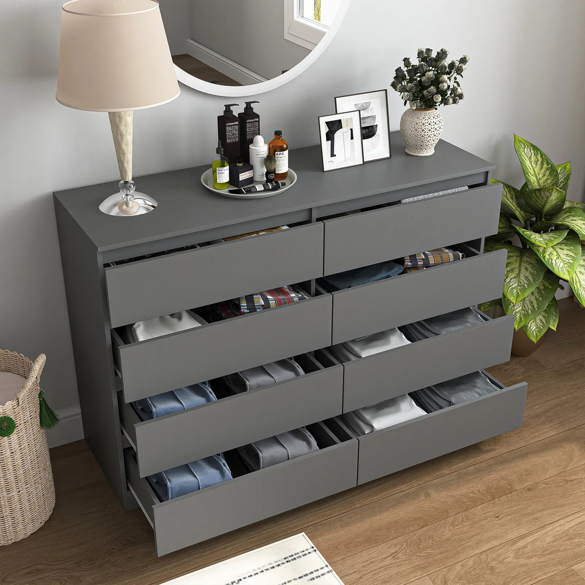 2026 NewResenkos Modern Mid Century 6 Drawer Wide Dressers Chests for Bedroom, Chest of Drawer Organizer Grey