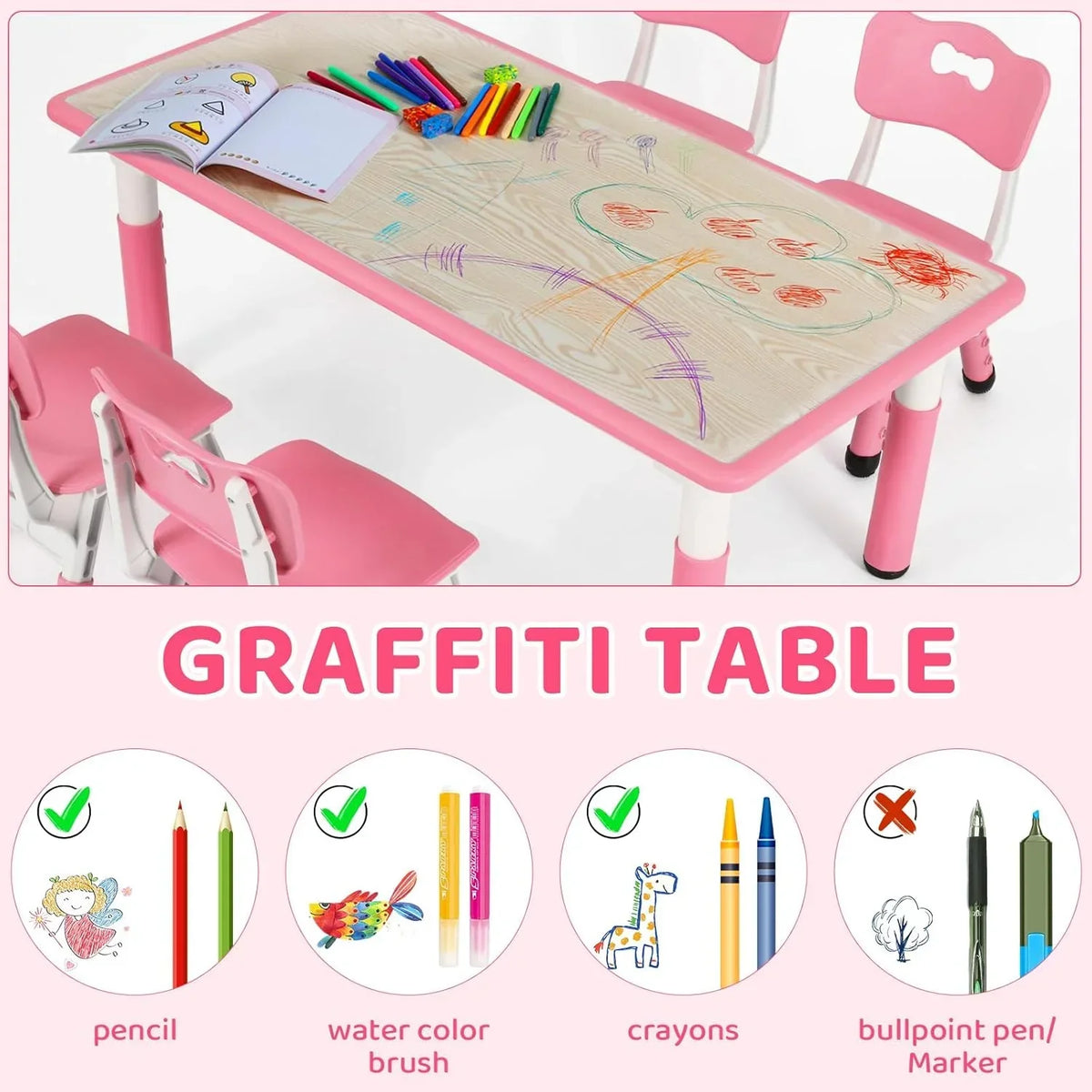 2026 NewLAZY BUDDY Kids Table and 4 Chairs Set, Height Adjustable Toddler Desk with Graffiti Desktop, Kids Activity Table Set for Daycare, Home