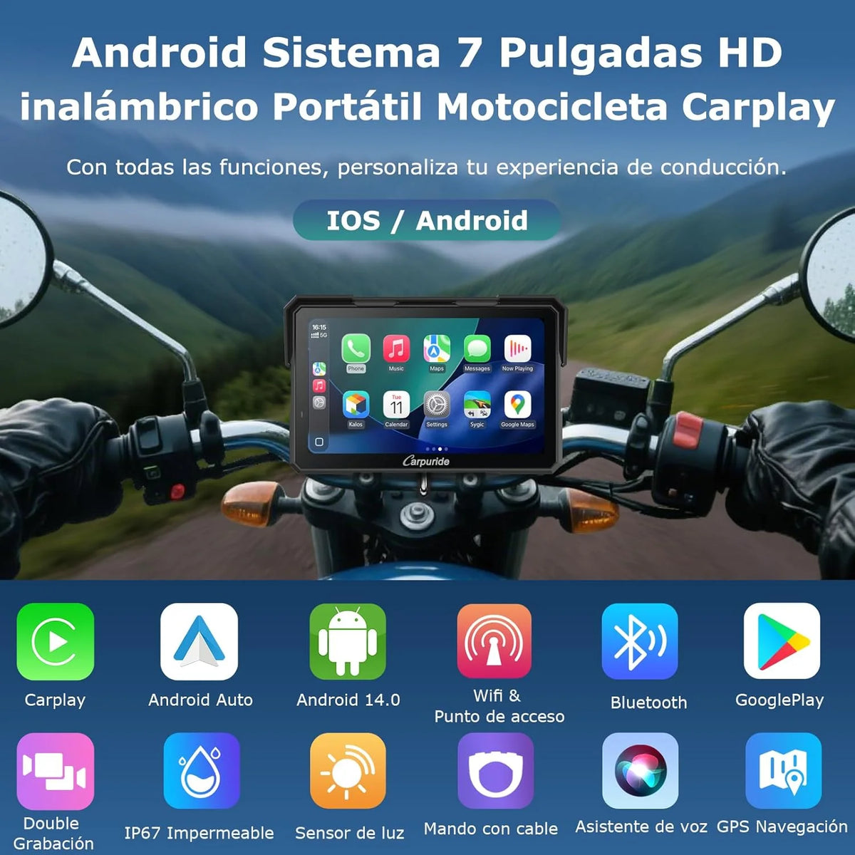 2026 Carpuride W702 Plus Android 14 Motocicleta Carplay Pantalla con Doble Cámara, CarPlay y Android Auto Inalámbricos,7" Pantalla Táctil Impermeable, Audio BT,Grabación Bucle, Navegación Online y Offline.