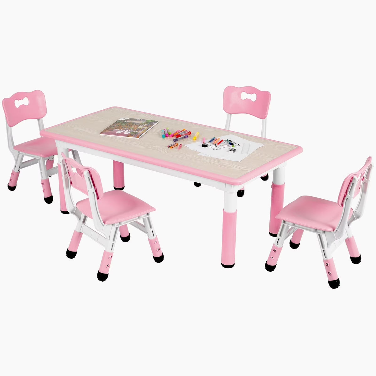 2026 NewLAZY BUDDY Kids Table and 4 Chairs Set, Height Adjustable Toddler Desk with Graffiti Desktop, Kids Activity Table Set for Daycare, Home