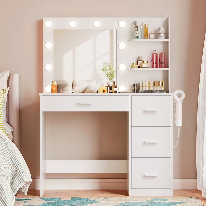 2026 NewLacoo Vanity Desk with Mirror and LED Lights, Makeup Vanity with 7 Drawers & 4 Shelves, Vanity Table with Power Outlet for Bedroom Dressing Room, White