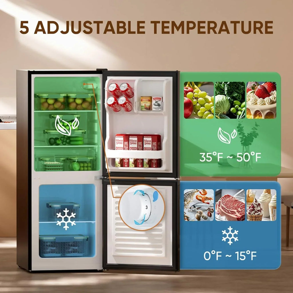 2026 NewUpstreman 4.0 Cu.Ft Mini Fridge with Bottom Freezer, 2 Door Small Refrigerator with Adjustable Thermostat and Removable Glass Shelves for Bedroom, Dorm, Office, Apartment, Black BM40