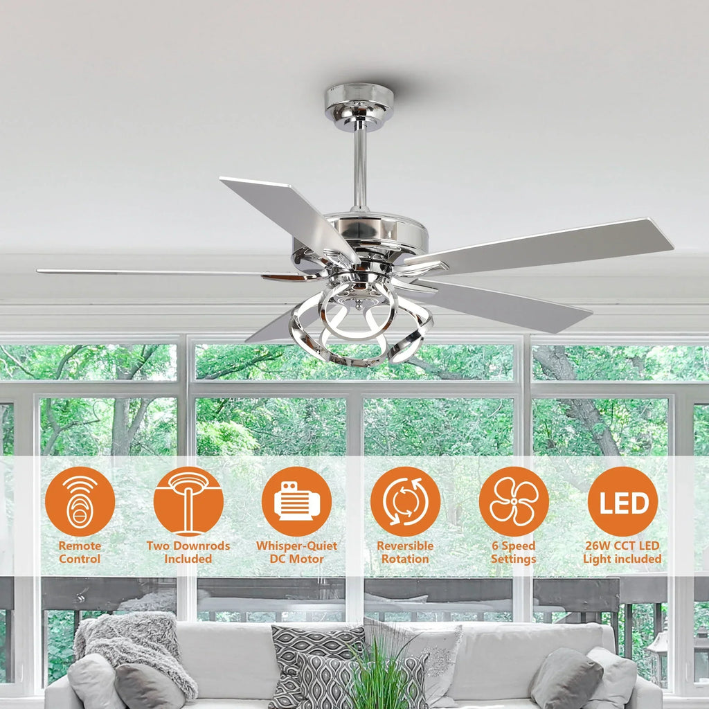 2026 NewParrot Uncle 52-Inch Contemporary Chrome Ceiling Fan with Integrated LED Lights and Remote Control