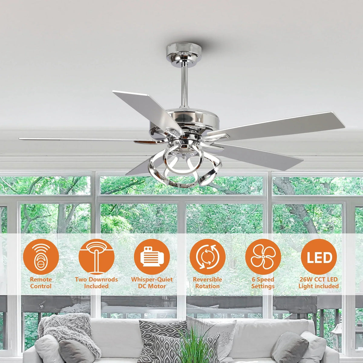 2026 NewParrot Uncle 52-Inch Contemporary Chrome Ceiling Fan with Integrated LED Lights and Remote Control