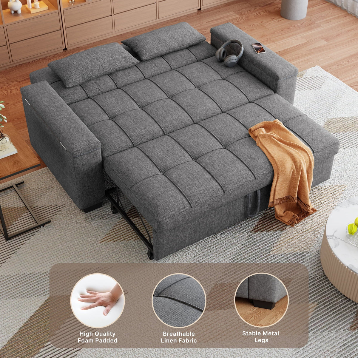2026 NewSofa Bed, Lofka 3 in 1 Convertible Couch Bed with Storage Armrest and Adjustable Backrest for Living Room, Dark Gray