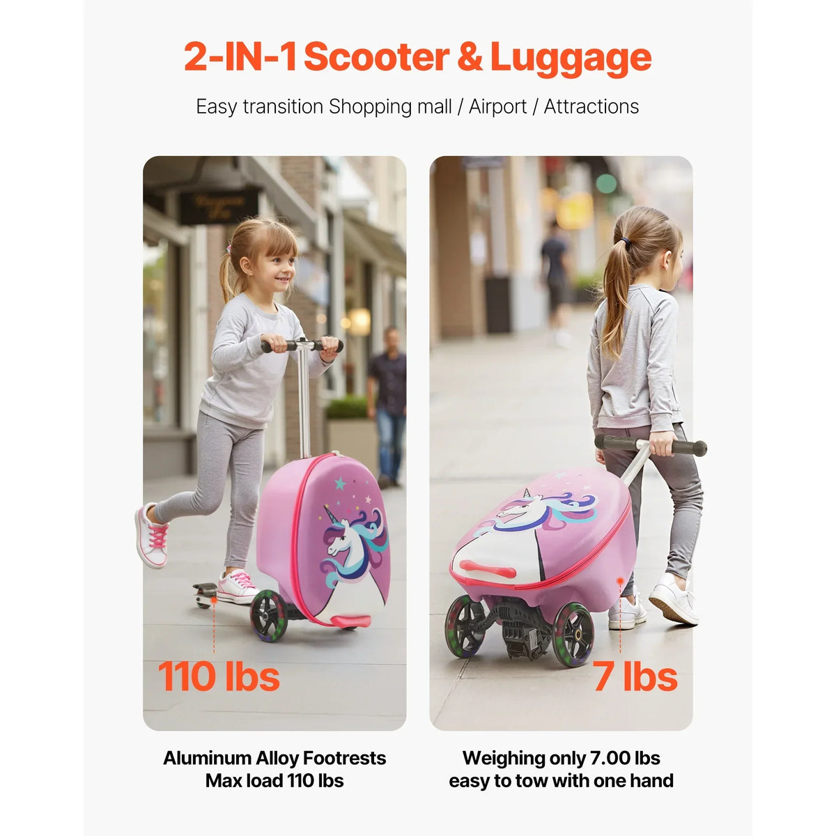 2026 NewKFFKFF Ride-on Kids Luggage, 20L Capacity, 20-Inch Scooter Suitcase with Flashing PU Wheels, Adjustable Handle & Non-Slip Grip, Foldable and Lightweight Travel Companion for Children Aged 5+, Purple