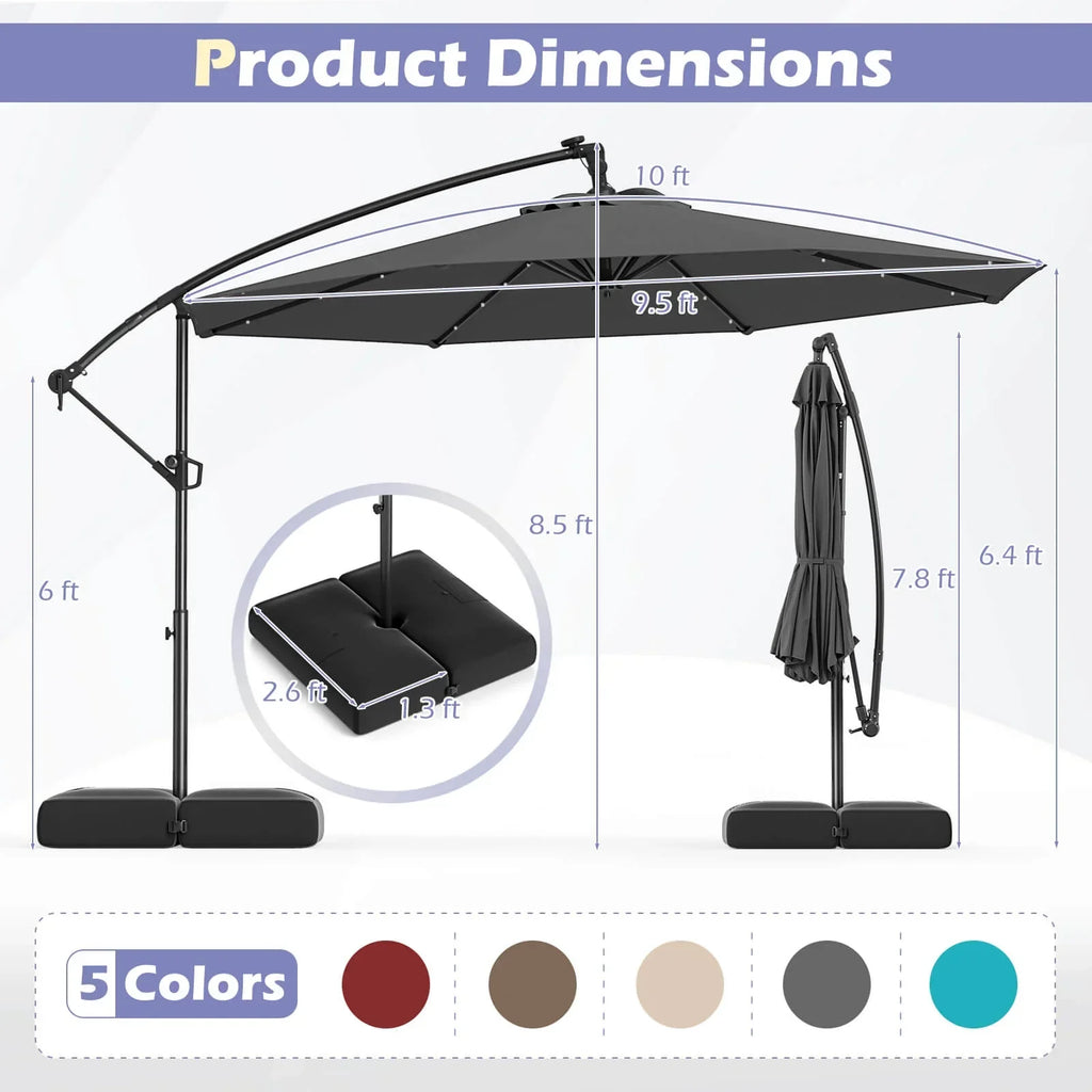 2026 NewCostway 10 FT Solar Offset Hanging Umbrella Patio Cantilever Umbrella with 32 LED Lights Brown