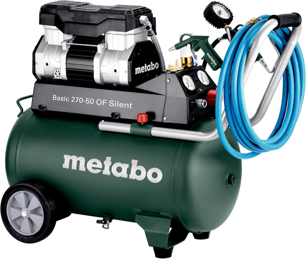 2026 Compresor silencioso Metabo Basic 270-50 OF, 50 L, 10 bar, 130 l/min, portátil y sin aceite para taller, con acoplamiento