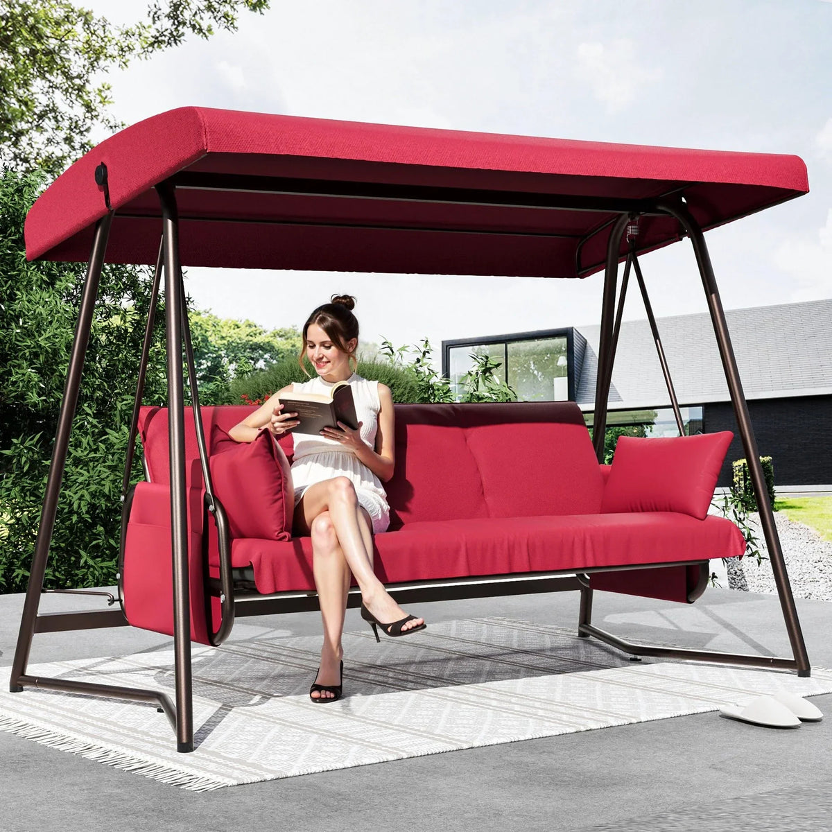 2026 NewTQKVIPI Oversized 4 Person Outdoor Porch Swing with Adjustable Backrest Canopy,2-in-1 Swing Bed 800 lbs Capacity,Patio Swing with Removable Cushions for Yard Garden Poolside Balcony