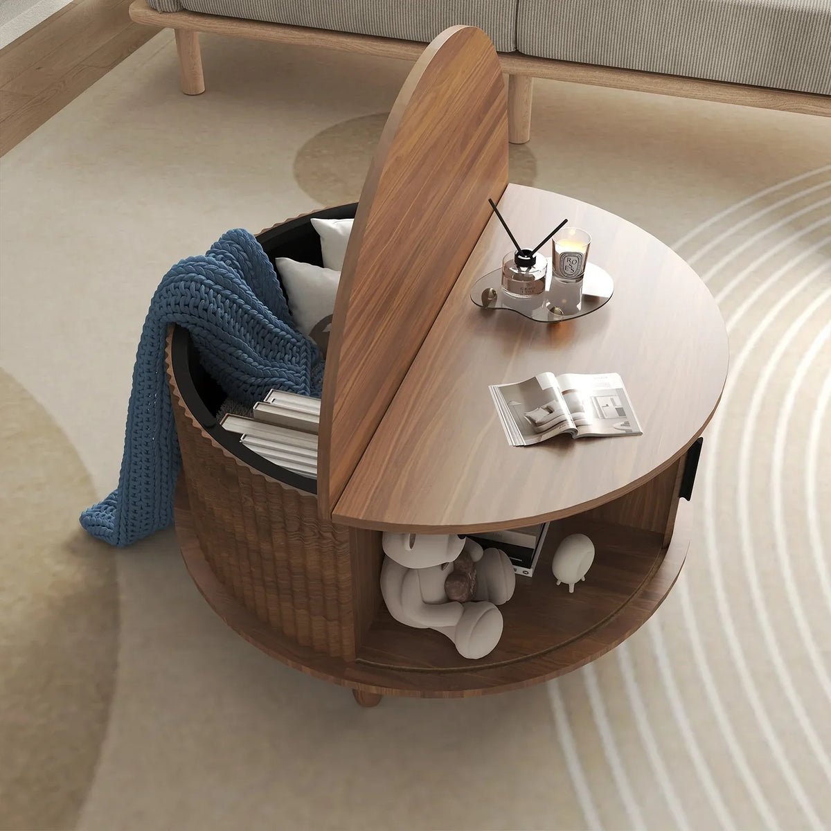 2026 NewRUMLIVE Round Coffee Table with Storage, 30.7" Modern Coffee Table with 360" Curved Sliding Door, Fluted Wood Coffee Table with Footpads, Round Center Table for Living Room, Black