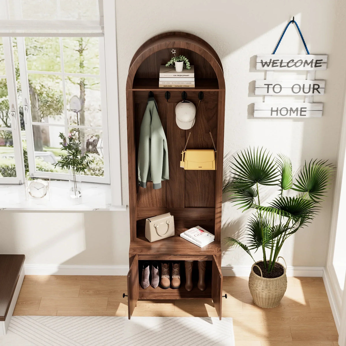 2026 NewLUCKYELF Hall Tree with Shoe Storage, Entryway Bench with 4 Hooks and 2 Doors, Arch Coat Rack Cabinet for Hallway
