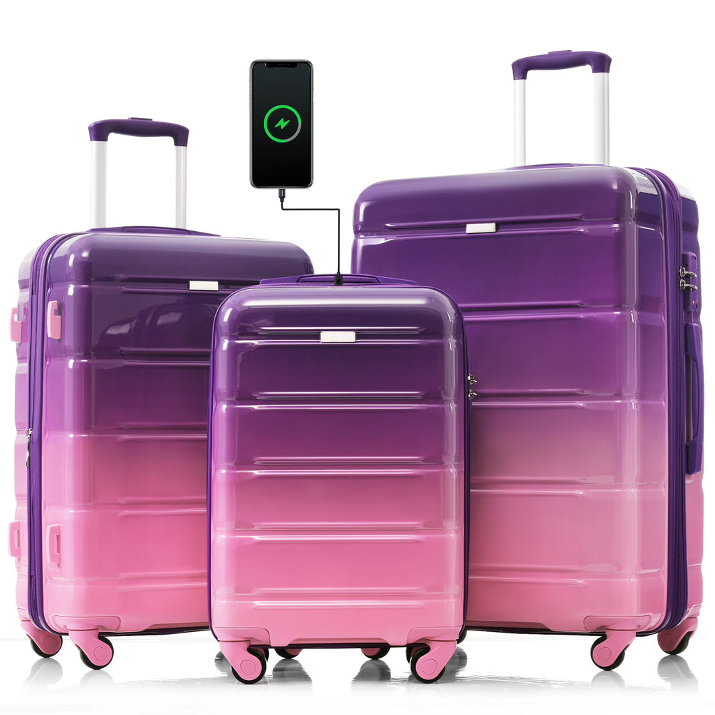 2026 NewPAPROOS 3-Piece Luggage Set (20''/24''/28''), Hardshell Lightweight Suitcase with USB Port and Side Hooks, Travel Luggage with TSA-Lock, Hardside Rolling Luggage for School, Travel, Pink