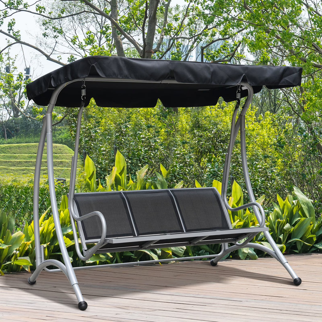 2026 NewOutsunny 3 Person Patio Swing Seats, Porch Swing with Stand & Adjustable Canopy, Heavy Duty Outdoor Swing Chair Bench for Adults, Black