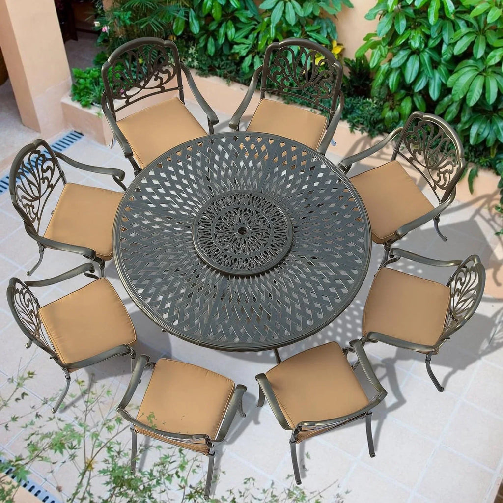 2026 NewVIVIJASON Outdoor 61" Patio Dining Table for 6-8 Person, Large Patio Round Dining Table with 24" Lazy Susan, Dark Bronze Cast Aluminum Rustic Patio Table W/Umbrella Hole for Balcony, Porch and Deck