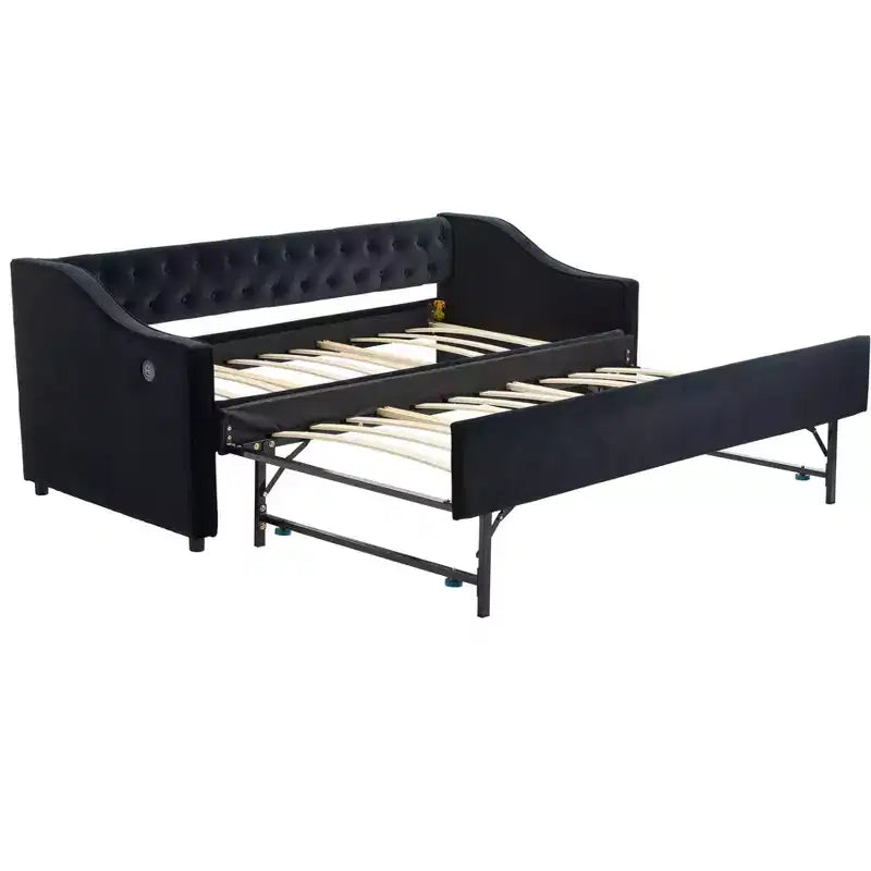 2026 Cama sofá Twin con cama nido, tapizada en terciopelo, puerto USB y bolsillos laterales - ModernLuxe