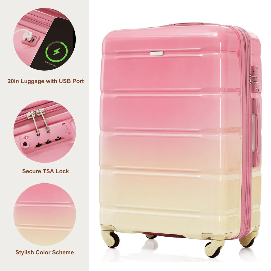 2026 NewPAPROOS 3-Piece Luggage Set (20''/24''/28''), Hardshell Lightweight Suitcase with USB Port and Side Hooks, Travel Luggage with TSA-Lock, Hardside Rolling Luggage for School, Travel, Pink