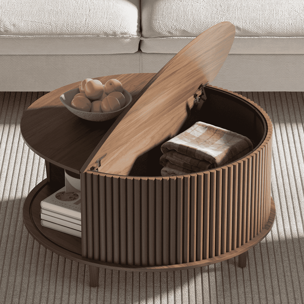 2026 NewJOINICE Round Coffee Table with Storage and Sliding Door,Mid Century Modern Wooden Center Table,for Living Room,Walnut