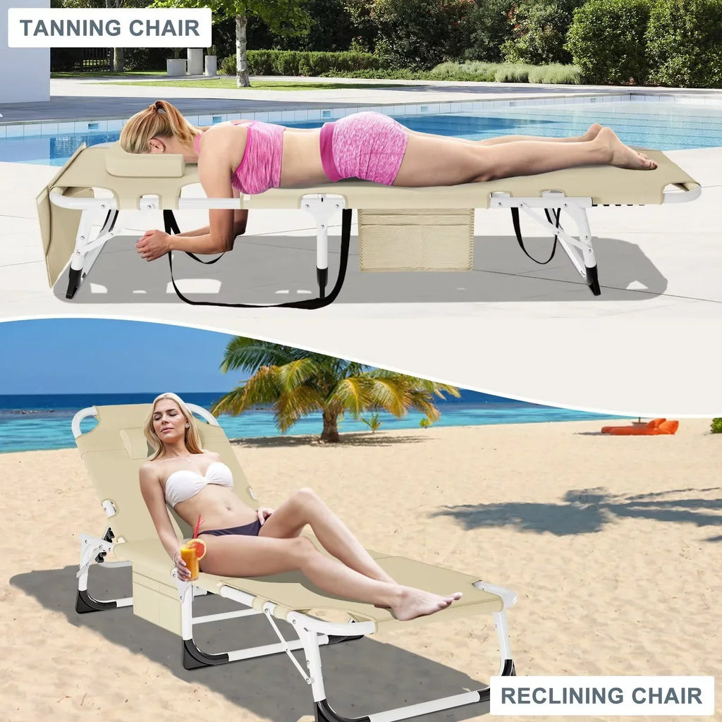 2026 NewMOPHOTO Lounge Chair with Mattress, Outdoor Chaise Lounge Support 440 Lbs, Adjustable Portable Heavy Duty Sleeping Cots Bed for Camping, Pool, Beach, Patio